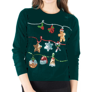 Pull de Noël vert foncé à sequins, manches longues, pull de fête, haut tricoté festif d'hiver, vêtement de fête de Noël original pour femme - Product Image 1
