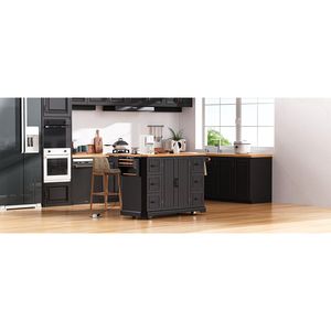 Isola da Cucina K K da 56 Pollici con 4 Ripiani, Presa di Corrente, Strisce Verticali in Rilievo, Piano Ribaltabile in Impiallacciatura di Legno di Gomma - Product Image 3