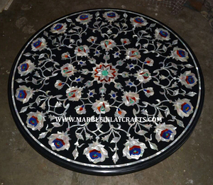 Mesa de centro redonda de mármol negro con incrustaciones intrincadas y acabado fino, fabricante y mayorista indio para comedor. - Product Image 6