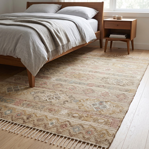 Tapis en jute géométrique moderne tissé à la main, beige multicolore, tissage plat, antidérapant, kilim, tapis de sol, bords frangés, décoration intérieure - Product Image 4