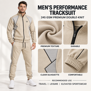 Survêtement Homme Entièrement Zippé Beige Gris avec Panneaux Coupe Classique Sportswear Décontracté avec Poches Latérales et Logo Personnalisé sur le Devant - Product Image 6