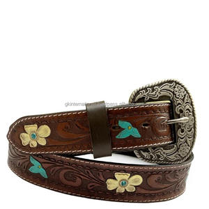 เข็มขัดหนังสไตล์ตะวันตกพร้อมหัวเข็มขัดสีเทอร์ควอยซ์เข็มขัดหนังแท้สำหรับทุกเพศใหม่ - Product Image 2