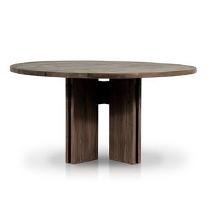Table de salle à manger moderne en bois d'acacia massif, forme ronde, design ligné, finition marron, avec nouvelle base à double pieds, pour la maison et la cuisine - Product Image 2