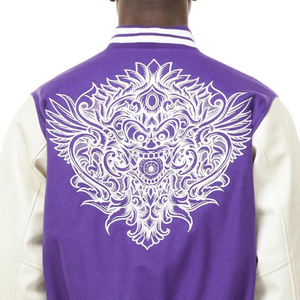 Purple White Embroidered Varsity <b>Jacket</b> Men Plus Size Letterman <b>Jacket</b> Sleeve <b>Patchwork</b> Button Front Outerwear Baseball <b>Jacket</b> - Product Image 3