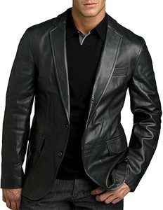 Men's Black Genuine Leather <b>Jacket</b> Slim Fit Single Breasted Turn-down Collar <b>Smart</b> Casual Style Regular Sleeve - Product Image 4