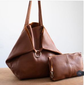 Solid Color Retro Tote <b>Bag</b> Soft Leather <b>Bag</b> with Pouch Large Capacity Shoulder <b>Bag</b> - Product Image 1