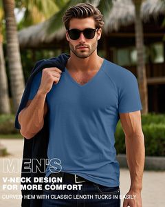 Camiseta con cuello en V para hombre, cómoda, de manga corta, informal, tela suave y transpirable, ligera, ajustada, para verano, de secado rápido - Product Image 5