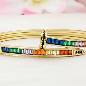 Sterling <b>Silver</b> Gold Plated Trendy Nail Shape Elegant Sparkling Cubic Zirconia Women's Bangle <b>Bracelet</b> Fine Accessory - Product Image 5