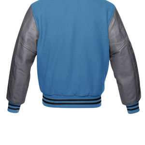 Men's Blue Varsity Jacket With Gray Leather Sleeves Stand Collar Casual Autumn Wear - Product Image 3