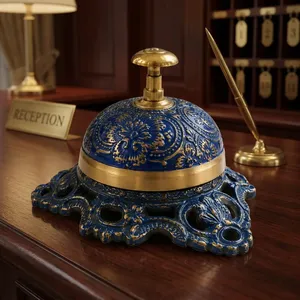 Campana de Servicio Vintage de Latón con Acabado de Esmalte Azul Antiguo, Campana Decorativa Ornamentada para Recepción, Hotel o Restaurante - Product Image 6