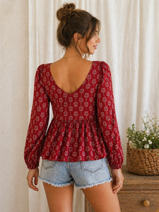 Wholesale Women Floral Printed <b>Boho</b> Peplum Blouse Long Sleeve V Neck Woven Loose Fit 100% Cotton Eco-Friendly Casual Summer OEM - Product Image 4