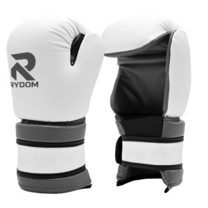 Gants de boxe RYDOM blancs et gris avec fermeture auto-agrippante pour le kickboxing, l'entraînement au sac de frappe, logo personnalisé, équipement de combat en gros OEM - Product Image 1