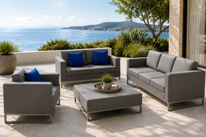 Modern Outdoor <b>Sofa</b> <b>Set</b> Gray Fabric <b>Cushion</b> Back Metal Legs Courtyard Sectional Furniture - Product Image 3