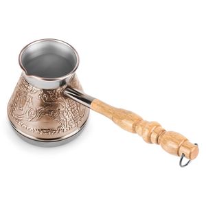 Cafetière turque artisanale en cuivre Cezve Ibrik en forme de ventre avec longue poignée en bois, design oriental traditionnel - Product Image 3