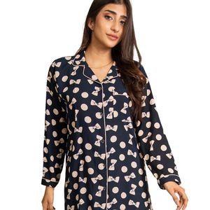 Conjunto de Pijama para Mujer, Azul Marino y Beige, con Estampado de Hojas, Camisa de Manga Larga con Botones, Pantalones a Juego, Ropa de Dormir Elegante, Ropa de Estar por Casa, Personalizable OEM - Product Image 5