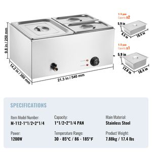 24QT Professional Commercial Food Warmer 3 <b>Pan</b> <b>Electric</b> Steam Table 1200W Manual Stainless Steel Buffet Bain Marie Countertop 8 - Product Image 3