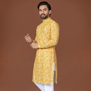 Designer Cotton <b>Kurta</b> <b>Pajama</b> Set with Lucknowi Work And Digital Print Weaving Silk Neck Design Antique Buttons - Product Image 4