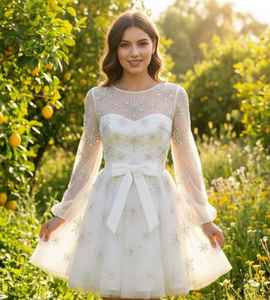 Vestido de Novia Corto de Lujo Personalizado con Mangas Largas Transparentes, Vestido de Tul con Cuentas Hechas a Mano, Venta al Por Mayor de Fábrica - Product Image 1