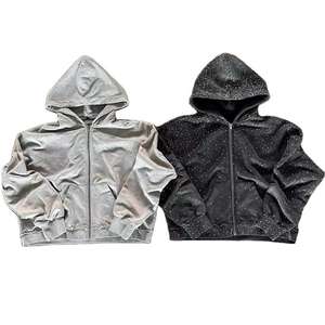 Sweat à capuche zippé streetwear personnalisé coupe ample courte, effet délavé au soleil, 480 g/m² épais, orné de strass, service OEM pour hommes - Product Image 3