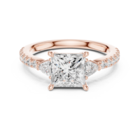 Bague de fiançailles en or rose avec diamant taille princesse, bague de mariage trois pierres avec pavé pour femme