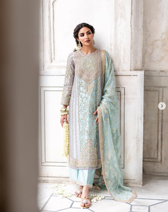 Élégant ensemble Anarkali en organza bleu clair brodé avec dupatta, tenue traditionnelle indienne et pakistanaise pour femme, longueur ras du sol - Product Image 1