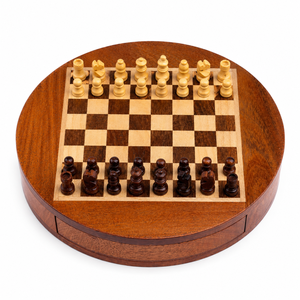 Travel Size Mini Round Magnetic <b>Chess</b> <b>Set</b> | Handmade <b>Wooden</b> Folding <b>Chess</b> Board with Storage | Portable Strategy Game for Kids - Product Image 2