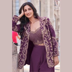 Purple Chinon Silk Embroidered Choli Palazzo Set With Designer <b>Jacket</b> Ready To Wear Wholesale Rate By Royal Export - Product Image 2