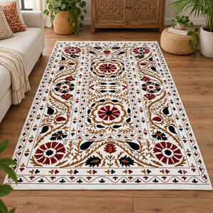 Premium Suzani Cotton Bedsheet White Maroon Black <b>Floral</b> Embroidery Handmade Indian Boho Ethnic Home Decor <b>Bedspread</b> Coverlet - Product Image 1