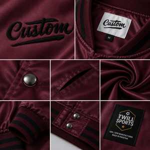<b>Men's</b> Burgundy Satin Bomber <b>Jacket</b> with Embroidered Custom Logo <b>Pullover</b> Stand Collar Casual Streetwear Winter Wear - Product Image 5