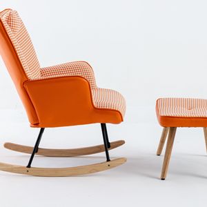 Poltrona a dondolo da 35,5 pollici in morbido tessuto pied-de-poule e pelle, comoda poltrona a dondolo con schienale alto per cameretta e soggiorno - Product Image 3