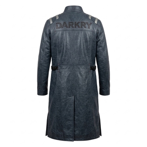Abrigo de cuero genuino para hombre Steel Blue con bolsillo canguro negro, tira plateada en el hombro y cuello alto, venta al por mayor - Product Image 2