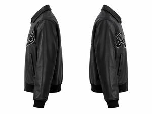 Veste en simili cuir noir pour homme, col rabattu, fermeture éclair, coupe classique, design avec patch imprimé lettres - Product Image 2