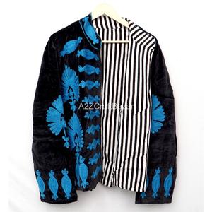 Handmade Soft <b>Velvet</b> Bohemian Floral Pattern Eco-Friendly Quick Dry <b>Women's</b> <b>Jacket</b> with Embroidery and Stripe - Product Image 3