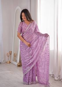 Sari en filet brodé de luxe pour femmes avec travail de sequins, tenue de soirée de créateur, mariage, festif, sari indien traditionnel - Product Image 2