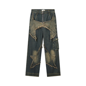 Pantalones Cargo de Mezclilla Clásicos para Hombre, Color Azul Claro, Lavado a la Arena, Rotos, Estilo Urbano, Corte Recto, 5 Bolsillos, Transpirables, Ecológicos, Cintura Media - Product Image 1