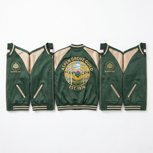 Blouson Bomber en Satin en Gros avec Fermeture Éclair, Manches Raglan, Motif Forêt d'Aspen Vert et Brun, Broderie au Dos, Style Baseball - Product Image 1