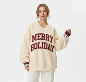 Sweat-shirt col en V Frost Club pour femme, manches longues, en coton tricoté, imprimé lettres, design saisonnier hiver - Product Image 3