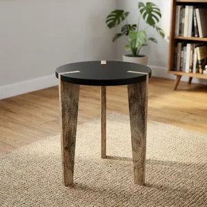 Modern <b>Round</b> Marble Top <b>Side</b> <b>Table</b> with Wooden Base Handmade Living Room Furniture - Product Image 4
