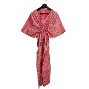Women Kaftan Dresses Casual Comfortable Luxury Long Size Hand Block Printed Soft Cotton Voile Kaftan Nightwear For Sale