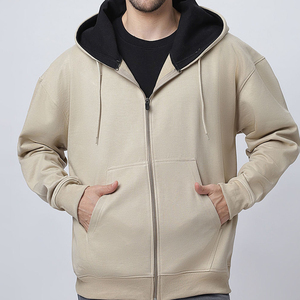 Custom <b>Men</b>’s Beige Full Zip <b>Hoodie</b> with Contrast Black Hood Lining and Split Kangaroo Pockets - Product Image 1