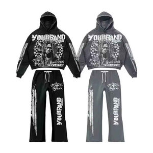 Conjuntos de Sudadera con Capucha y Pantalones Deportivos Personalizados Estilo Vintage Streetwear con Bordado y Empalmes, Chándal con Pedrería y Lavado Ácido, Traje de Sudadera con Capucha con Parches - Product Image 5