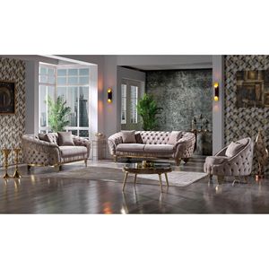 Sedia in Legno Stile Moderno con Bottoni Trapuntati Color Tortora e Gambe in Metallo Dorato per Soggiorno - Product Image 6