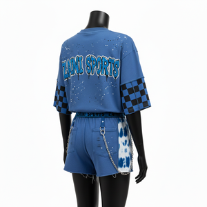 ชุดเสื้อยืดและกางเกงขาสั้นผู้หญิง ผ้าฝ้ายพรีเมียม เฟรนช์เทอร์รี่ 260 กรัม ดีไซน์สีน้ำเงิน ปักลาย ปักโลโก้ตามสั่ง ชุดเซ็ตผู้หญิง - Product Image 5