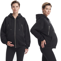 Sweat à capuche de maternité oversize avec fermeture éclair pour femme, hauts à capuche d'allaitement en molleton de coton 450 g/m² pour femme enceinte