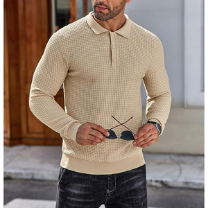 Men's Knitted Long Sleeve Polo Sweater Solid Color Autumn Casual Pullover Full Sleeve Button Closure <b>Beige</b> - Product Image 2