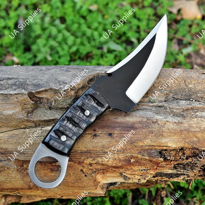 Couteau de chasse à lame fixe de haute qualité avec trou pour le pouce, lame tranchante comme un rasoir, manche en bois de Pakka sculpté noir, étui en cuir - Product Image 2