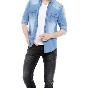 Camisa de Mezclilla Azul Claro para Hombre, Manga Tres Cuartos, Corte Regular, Color Sólido Informal, Cuello Clásico, Transpirable, Algodón Lavado a la Piedra - Product Image 5