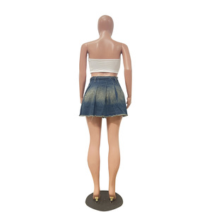 Summer Women Casual Denim Pleated Skirt High Waist Stonewashed Asymmetric Design Ruffles Regular Fit - Product Image 3