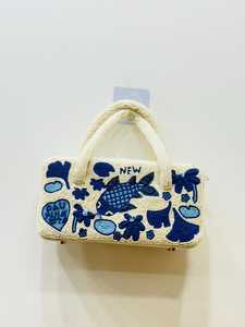 ALI FASHION ART Bolso de mano con cuentas de cristal rectangulares y bordado de pez azul (Poliéster) Tela base textil con base blanca lavable - Product Image 1