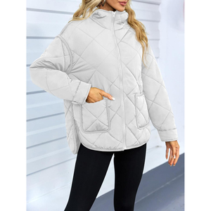 Veste matelassée imperméable gris clair pour femme, à capuche, fermeture éclair, manches longues, chaude pour l'hiver, décontractée, couleur unie - Product Image 1